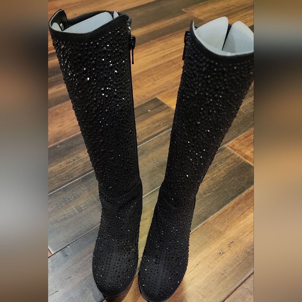 Youth Stuart Weitzman Black Knee High Boots w/ Textured Knit and Sparkly Finish